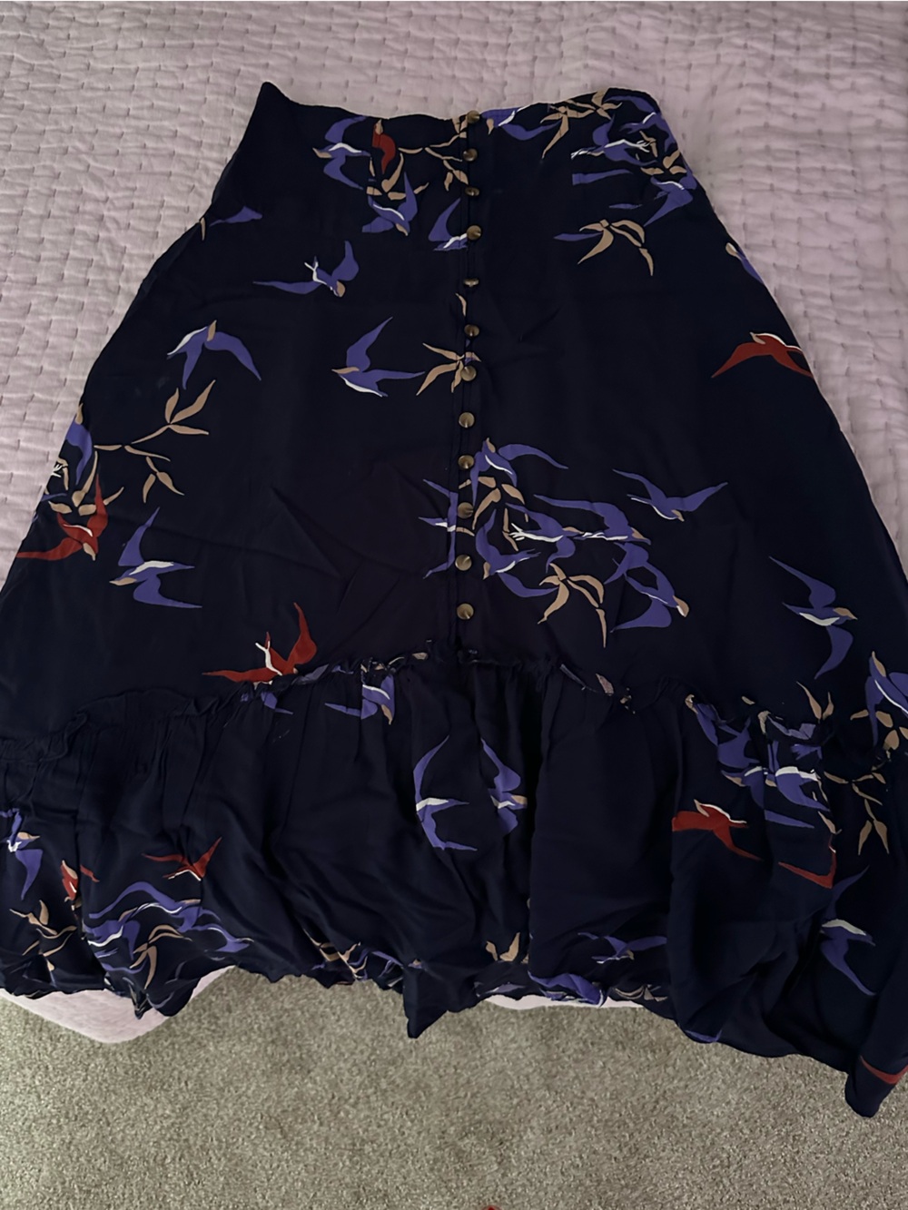 Anthropologie Navy Floral High-Low Button Skirt with Ruffle Hem